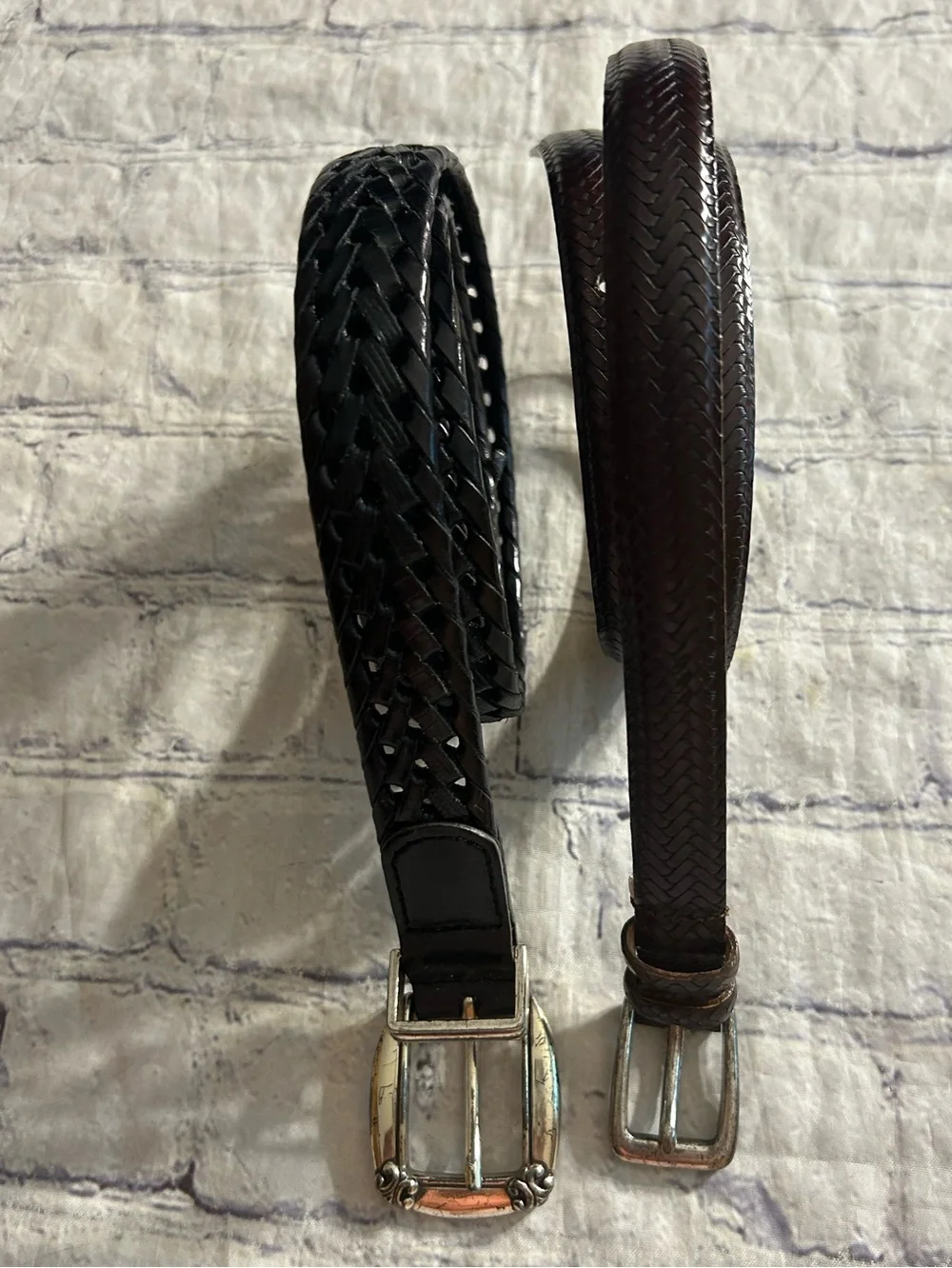 FOSSIL VTG BLACK LEATHER BRAIDED EMBELLISHED BUCKLE & TALBOTS ITALY MADE BELTS L